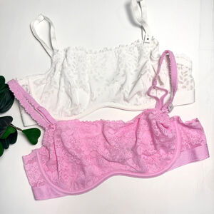 Victoria's Secret PINK New With Tags Unlined Lace Bra Set Size M Pink & White